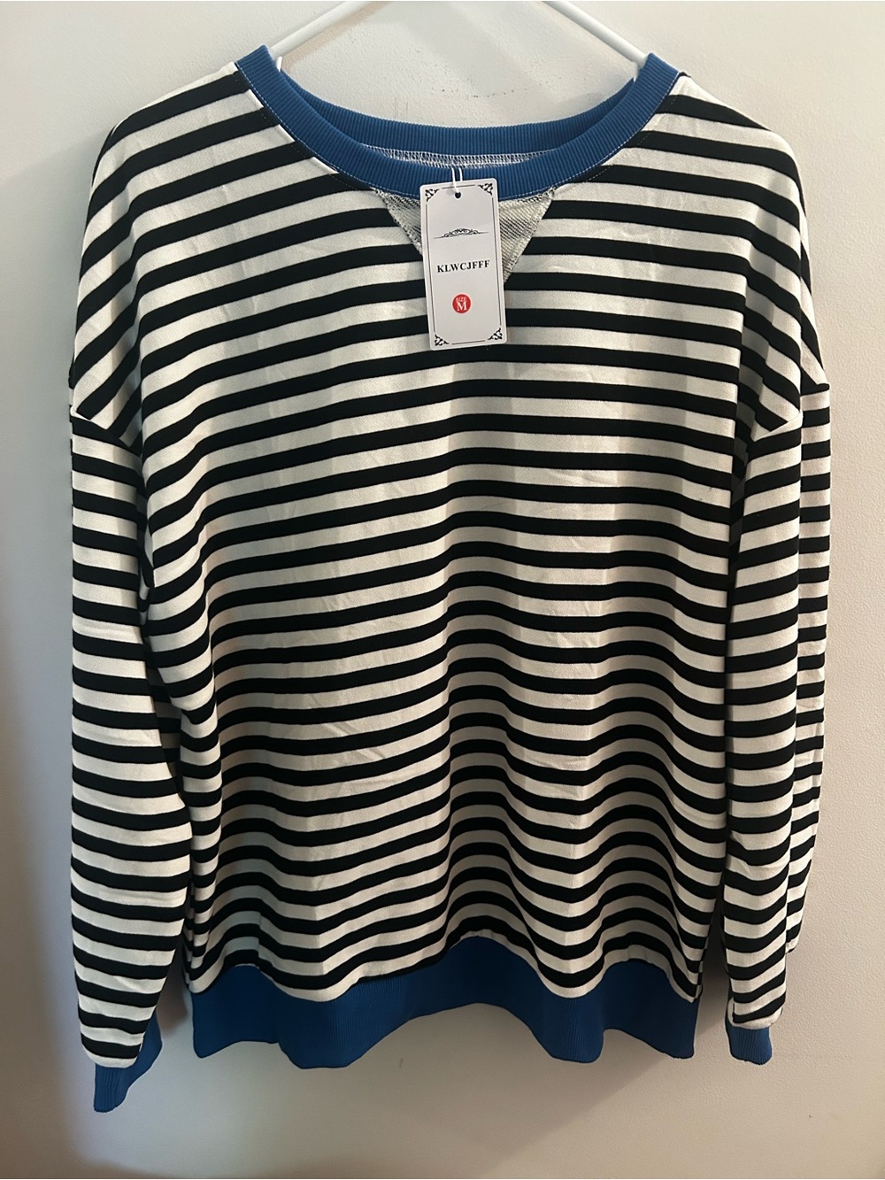 Women's Black & White Striped Sweatshirt with Blue Trim